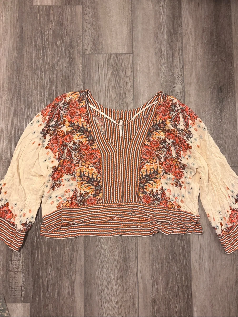 Free People Cream Floral Boho Peasant Top with Rust and Brown Accents